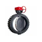 Red pneumatic actuator mounted on a large butterfly valve with a toothed, gear-like edge and metallic body.