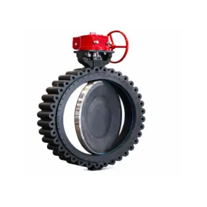 Red pneumatic actuator mounted on a large butterfly valve with a toothed, gear-like edge and metallic body.