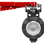 Red lever handle of industrial valve actuator mounted on a Bray-style gear assembly; controls a large valve.