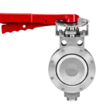 Red long-handled manual lever attached to a stainless steel valve actuator (industrial process valve)