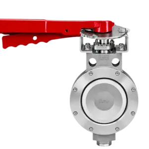 Red long-handled manual lever attached to a stainless steel valve actuator (industrial process valve)