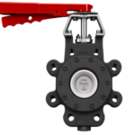Industrial hand-crimping tool with a bright red handle and gray clamp body, jaws open