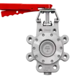Close-up of a red-handled lever on a silver industrial clamp/valve tool by Bray