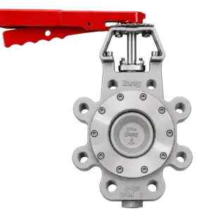 Close-up of a red-handled lever on a silver industrial clamp/valve tool by Bray
