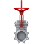 Red circular handwheel atop a gray industrial valve actuator with a flanged connection.