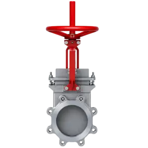 Red circular handwheel atop a gray industrial valve actuator with a flanged connection.
