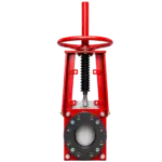 Red mechanical jack with a large circular hand wheel and threaded screw, shown from the front against a black background.