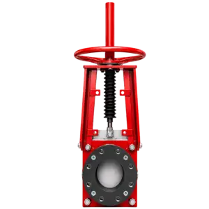 Red mechanical jack with a large circular hand wheel and threaded screw, shown from the front against a black background.